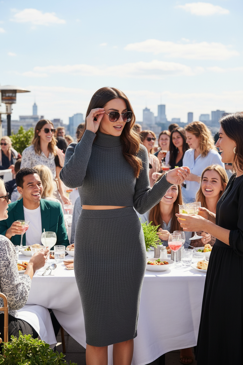 Brunette woman wearing knit mock neck top and skirt set at rooftop brunch