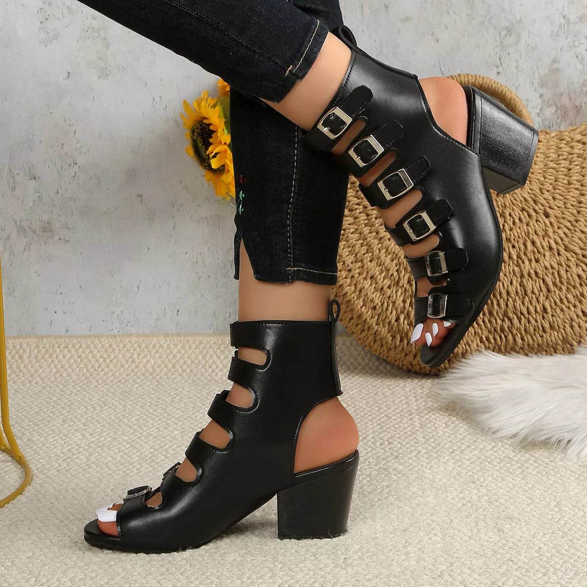 Buckle Block Heel Sandals - Mid Heel PU Leather Sandals - Fashions Envy