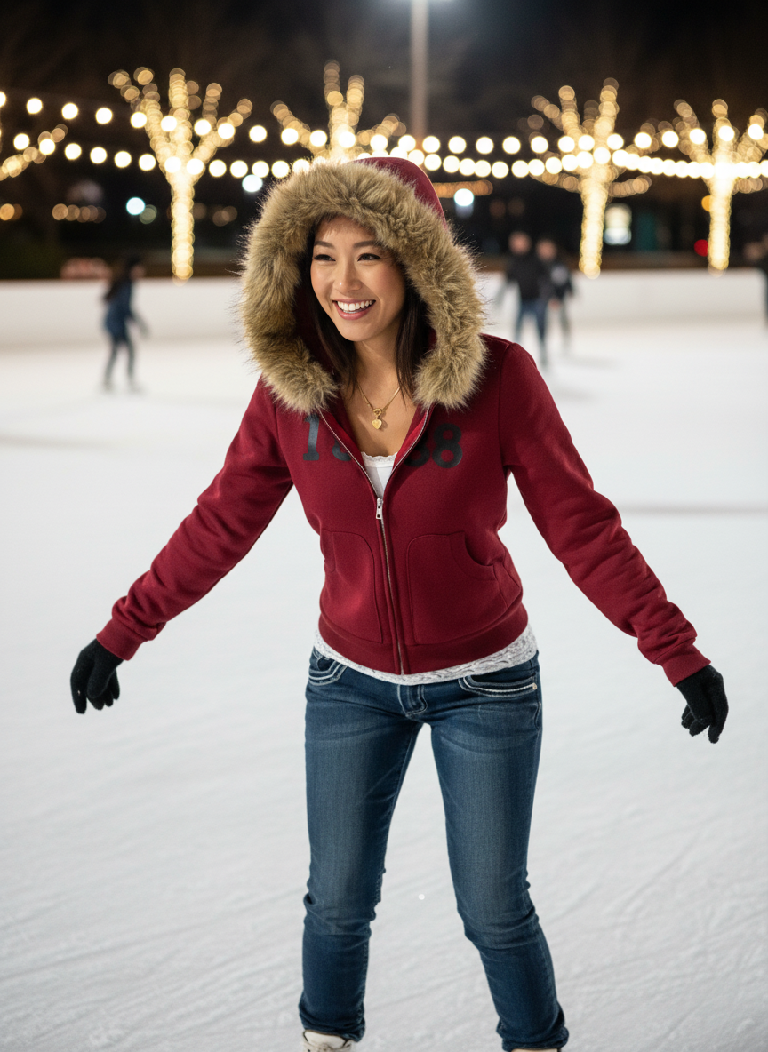 Burgundy fur-trimmed hoodie ice skating