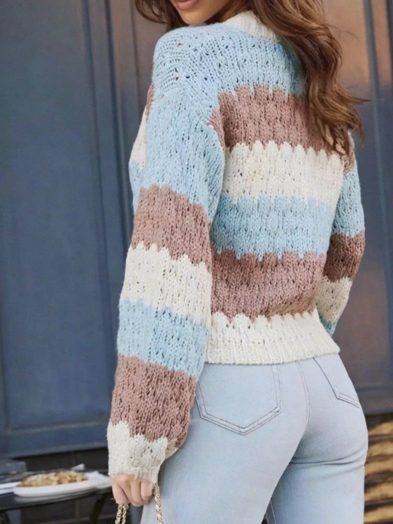 Trendsi Button Up Cardigan in blue, beige, and brown stripes, perfect for casual fall outfits