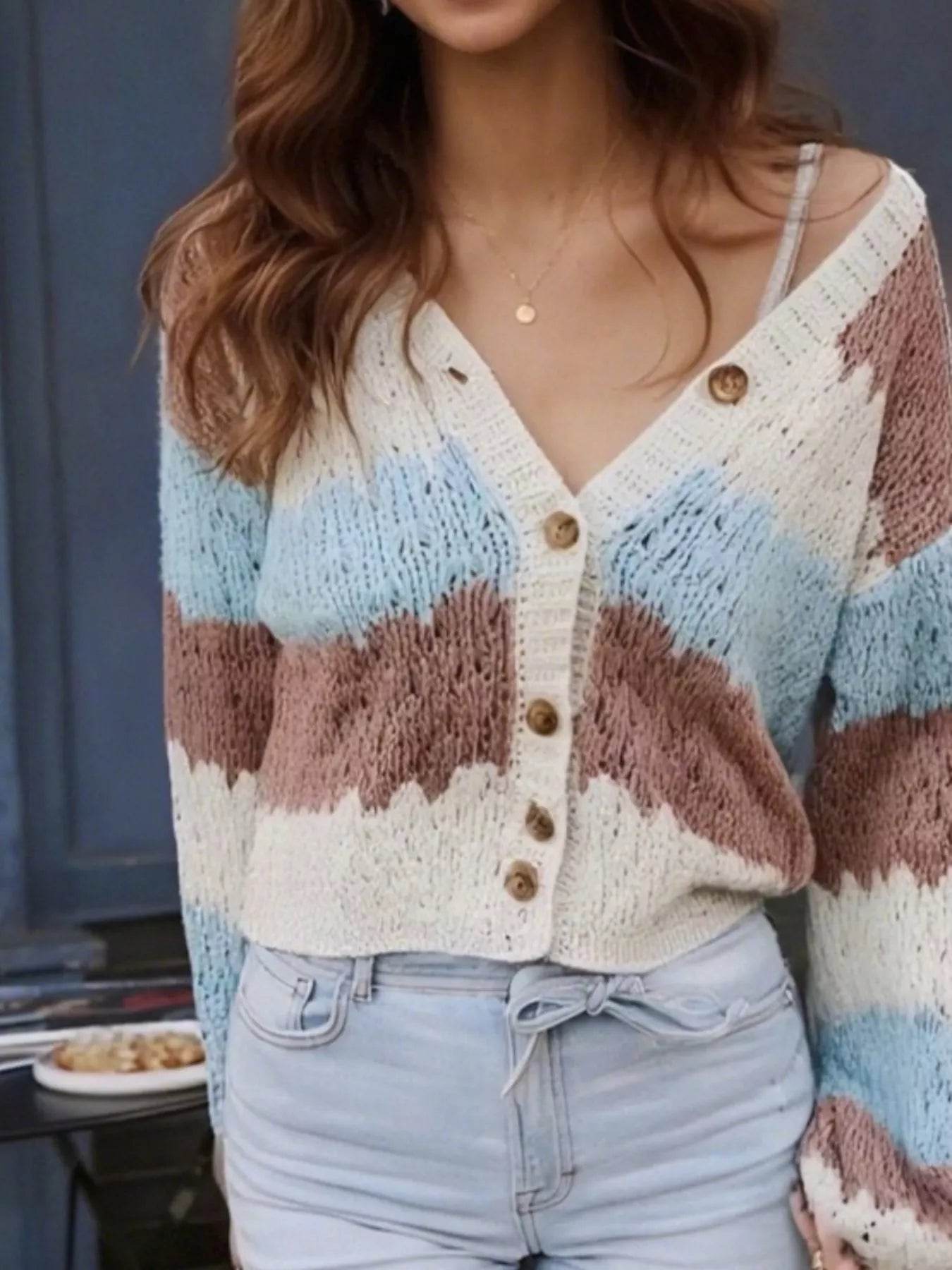 Trendsi Button Up Cardigan in multi-color knit design with a relaxed fit and vintage style