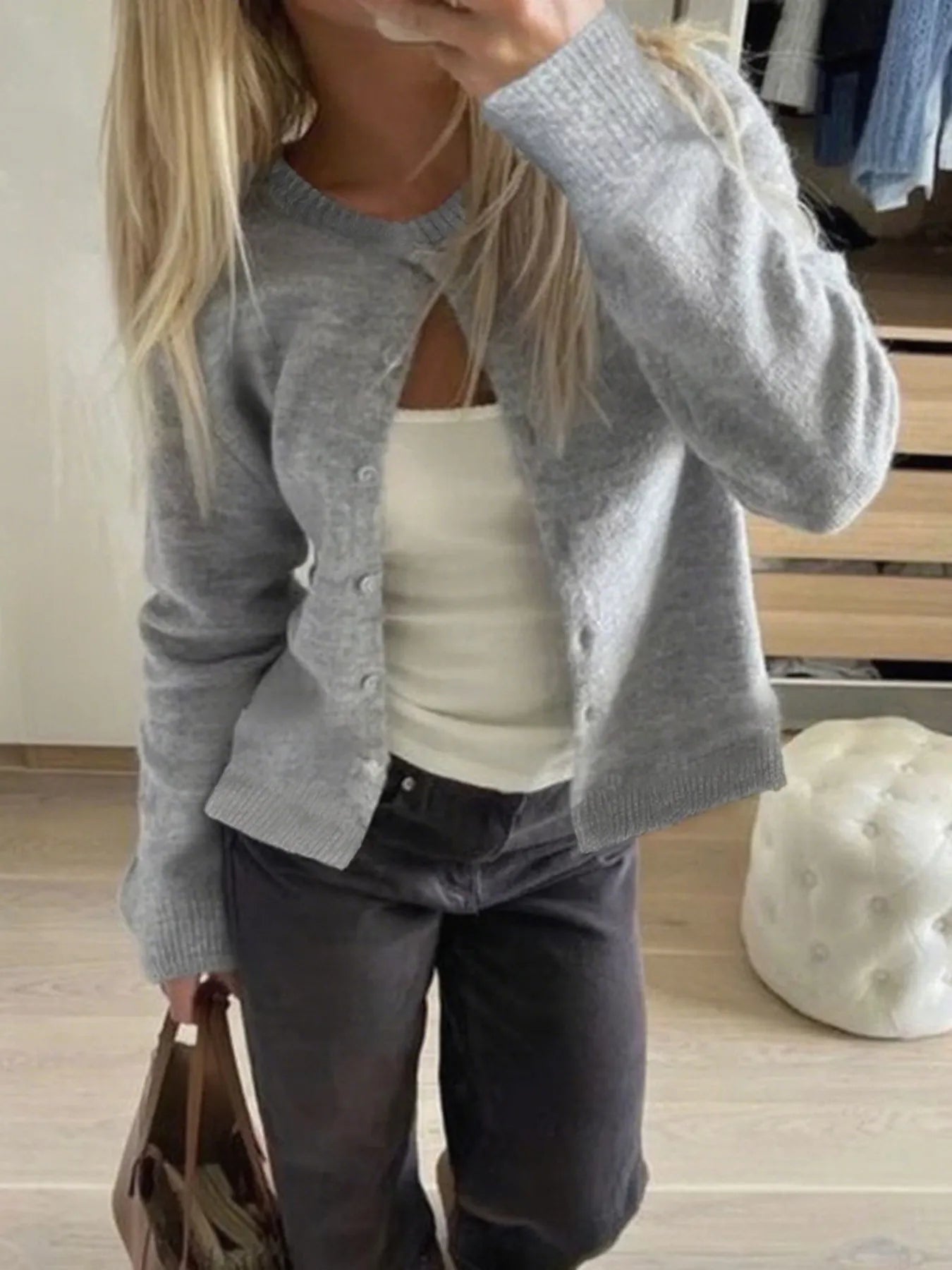 Trendsi Button-Up Cardigan in Gray Paired with a White Top and Casual Pants