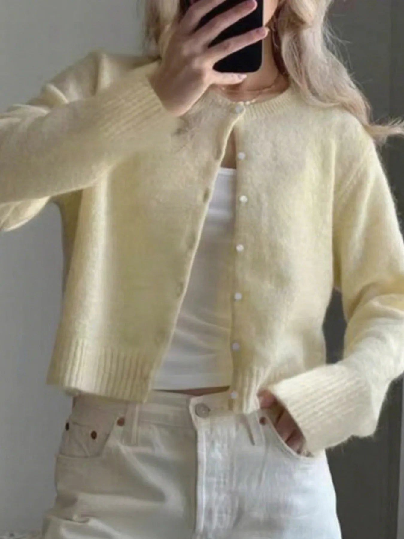 Trendsi Soft Yellow Button-Up Cardigan with Round Neckline and Long Sleeves