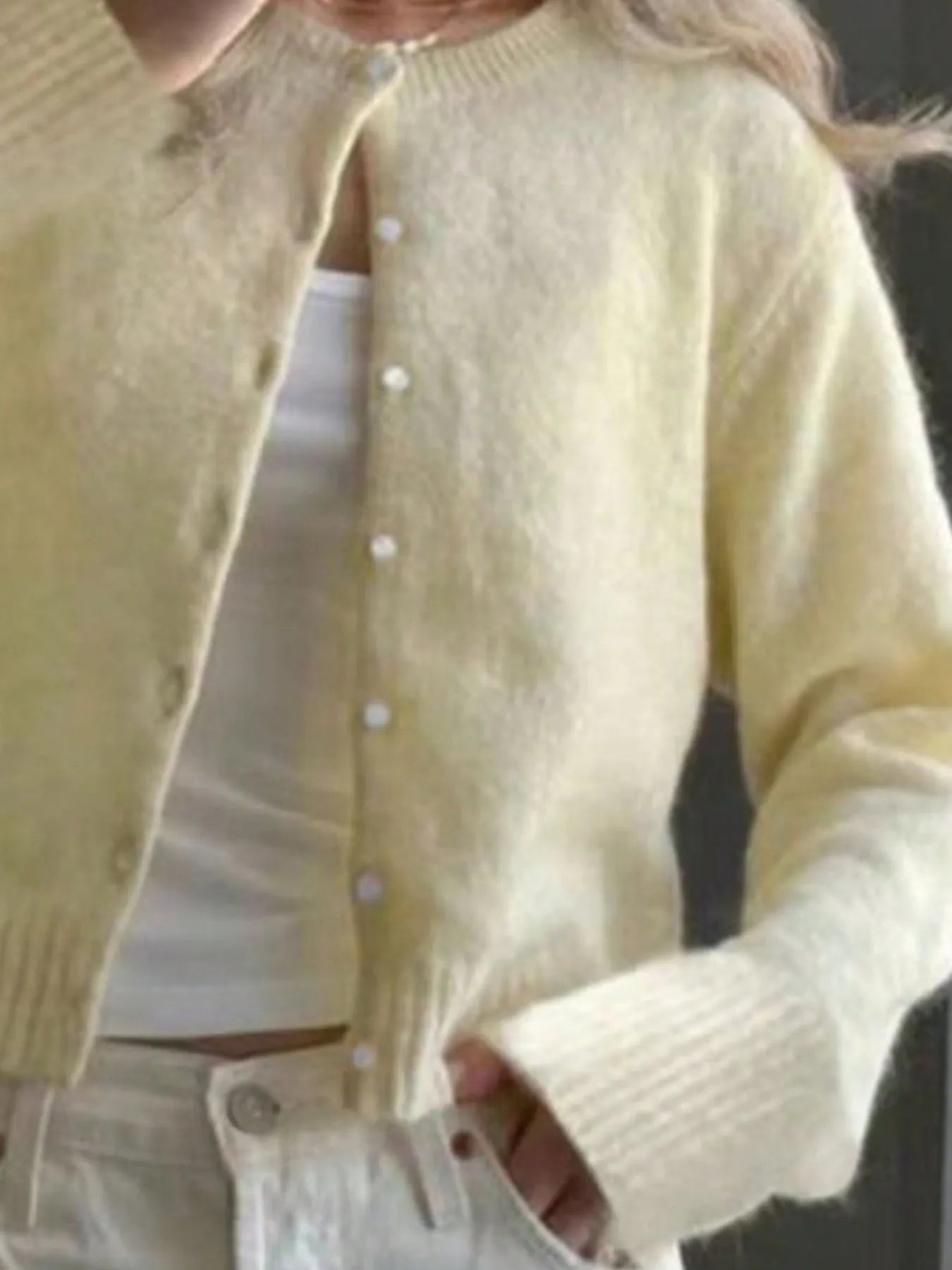 Trendsi Button-Up Cardigan in soft yellow with white buttons and relaxed fit for cozy comfort