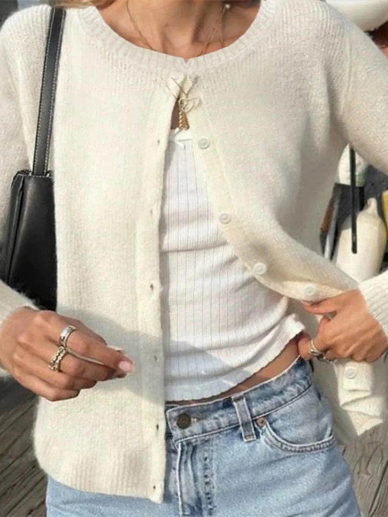 Trendsi Button-Up Cardigan in cream color, worn over a white tank top with high-waisted jeans
