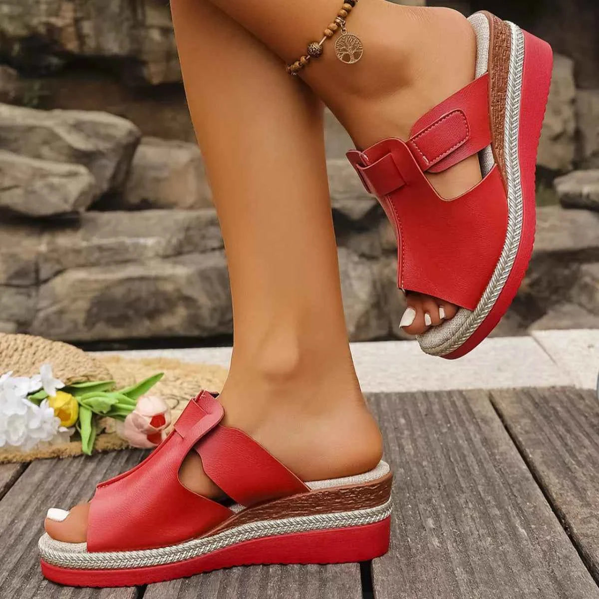 Wedge Platform Sandals - Open Toe Ankle Strap Style