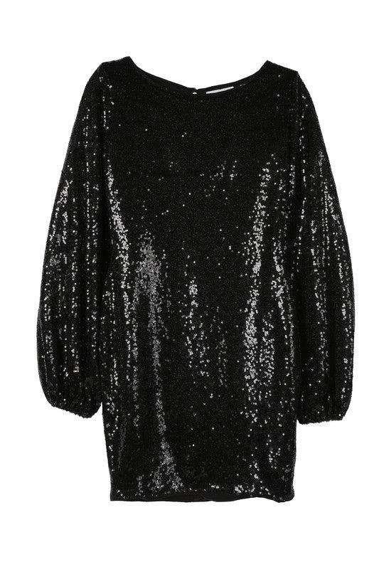Puff Sleeve Crew Neck Sequin Mini Dress