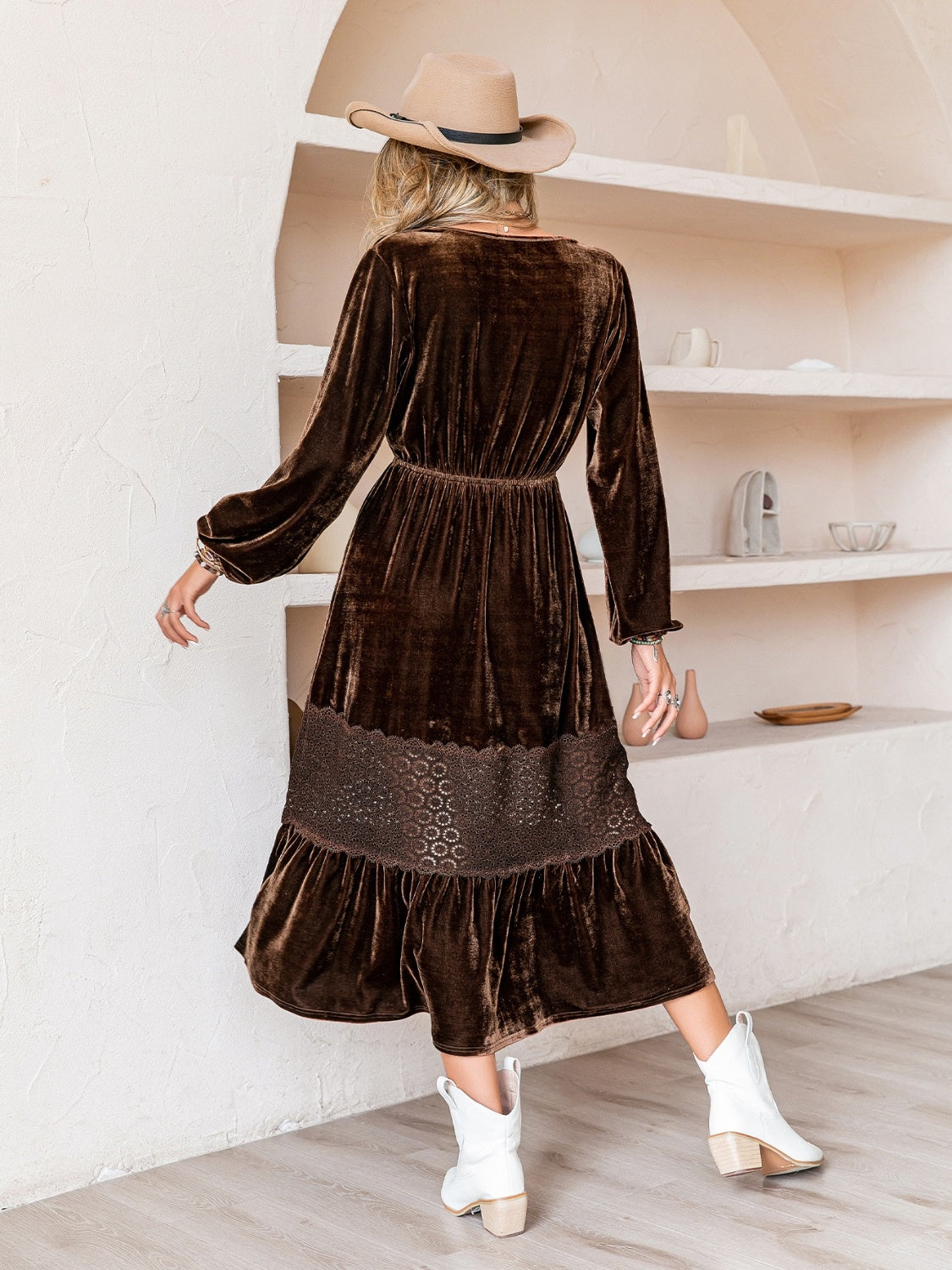 Chocolate Drawstring V-Neck Crochet Dress