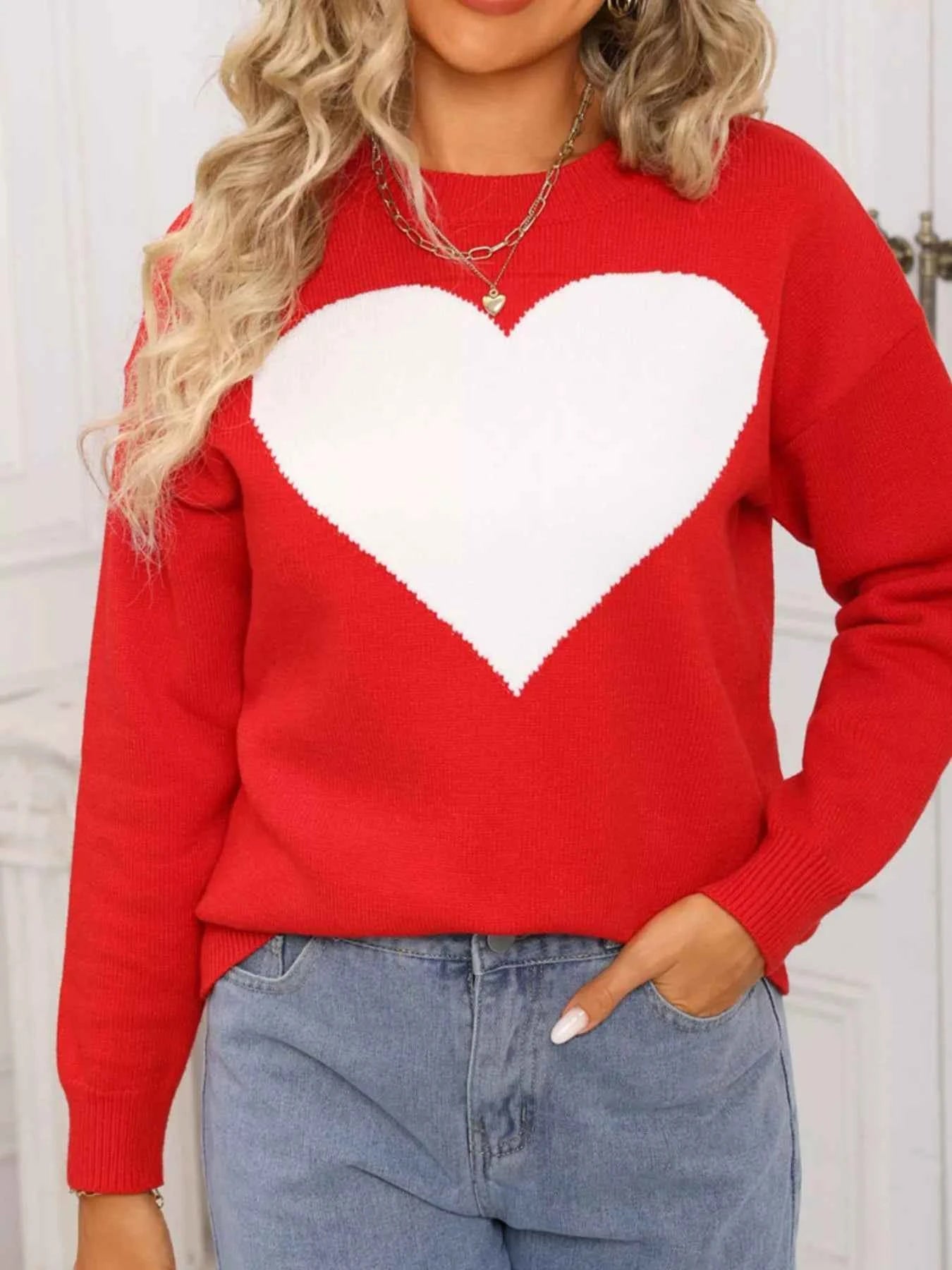 Valentine's Day Heart Round Neck Dropped Shoulder Sweater - Fashions Envy