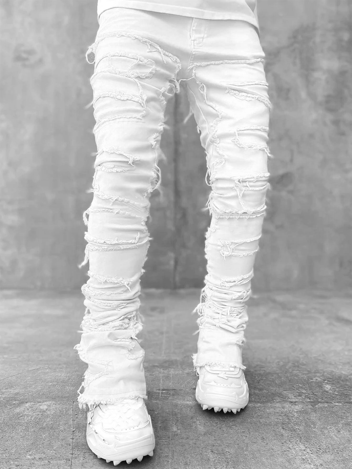 Men's Individual Patched Pants Long Tight Fit Stacked Jeans