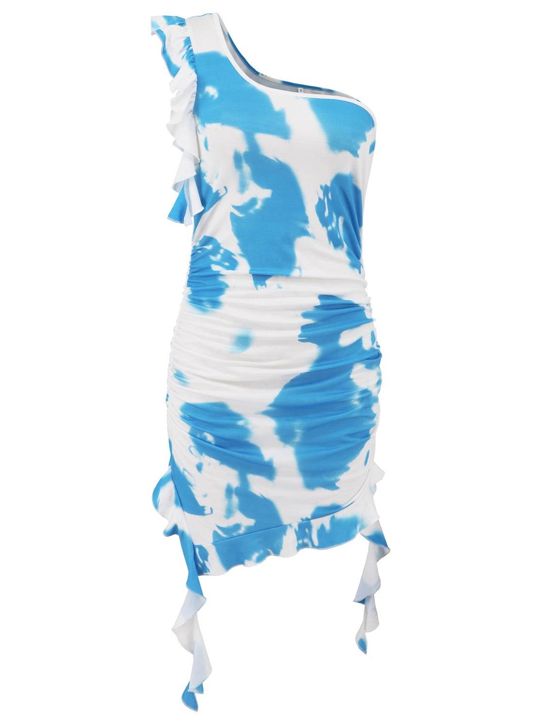 Ruffled Tie-Dye Single Shoulder Mini Dress - Fashions Envy