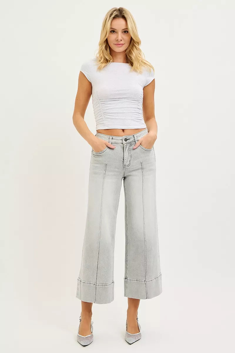 RISEN Tummy Control Mid Rise Crop Wide Pintuck Front Jeans - Fashions Envy