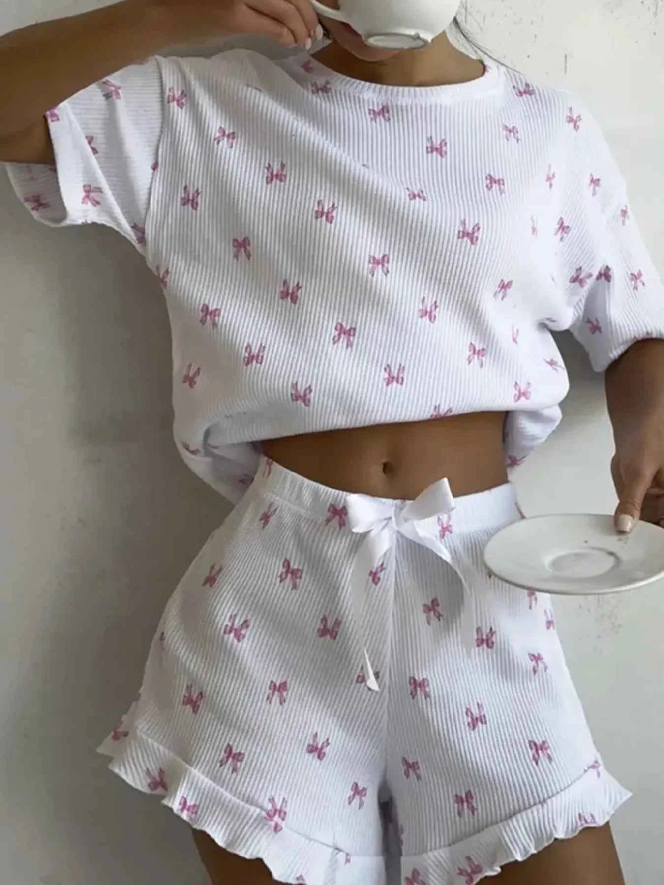 Ribbed Knit Bow Print Top and Shorts Lounge Set