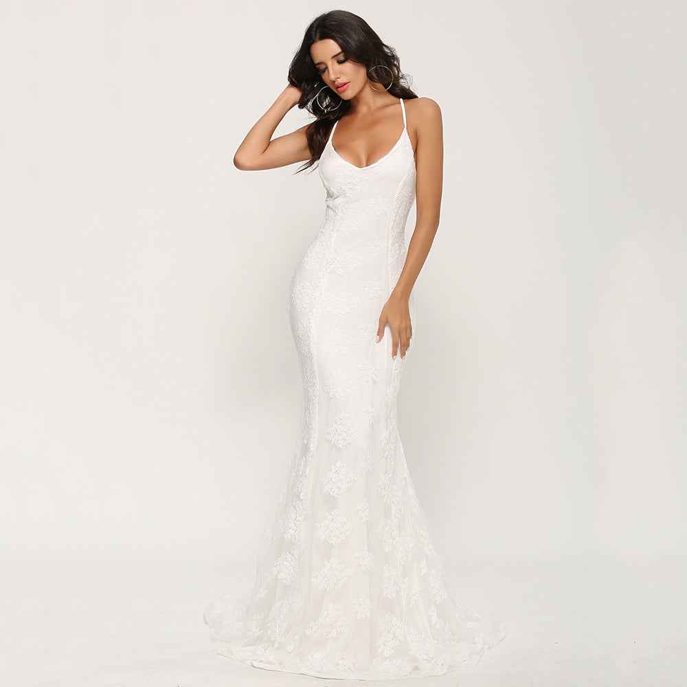V-Neck Wedding Dress - Elegant Trailing Bridal Gown - Fashions Envy