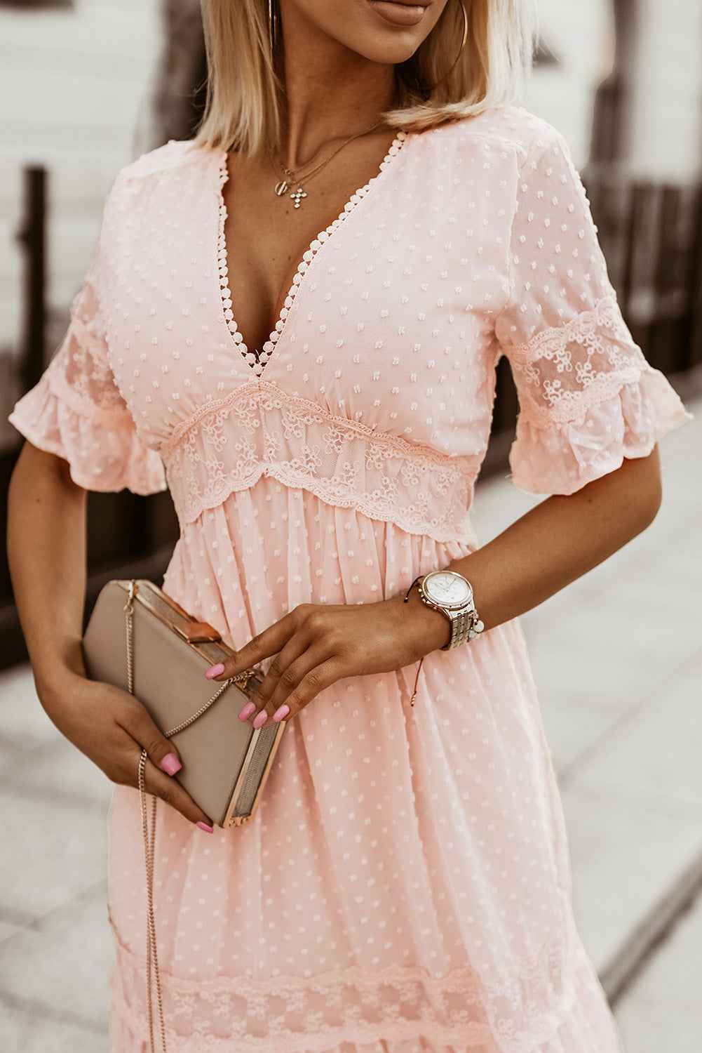 Swiss Dot Ruffle Sleeve Maxi Dress - Pink Lace Trim