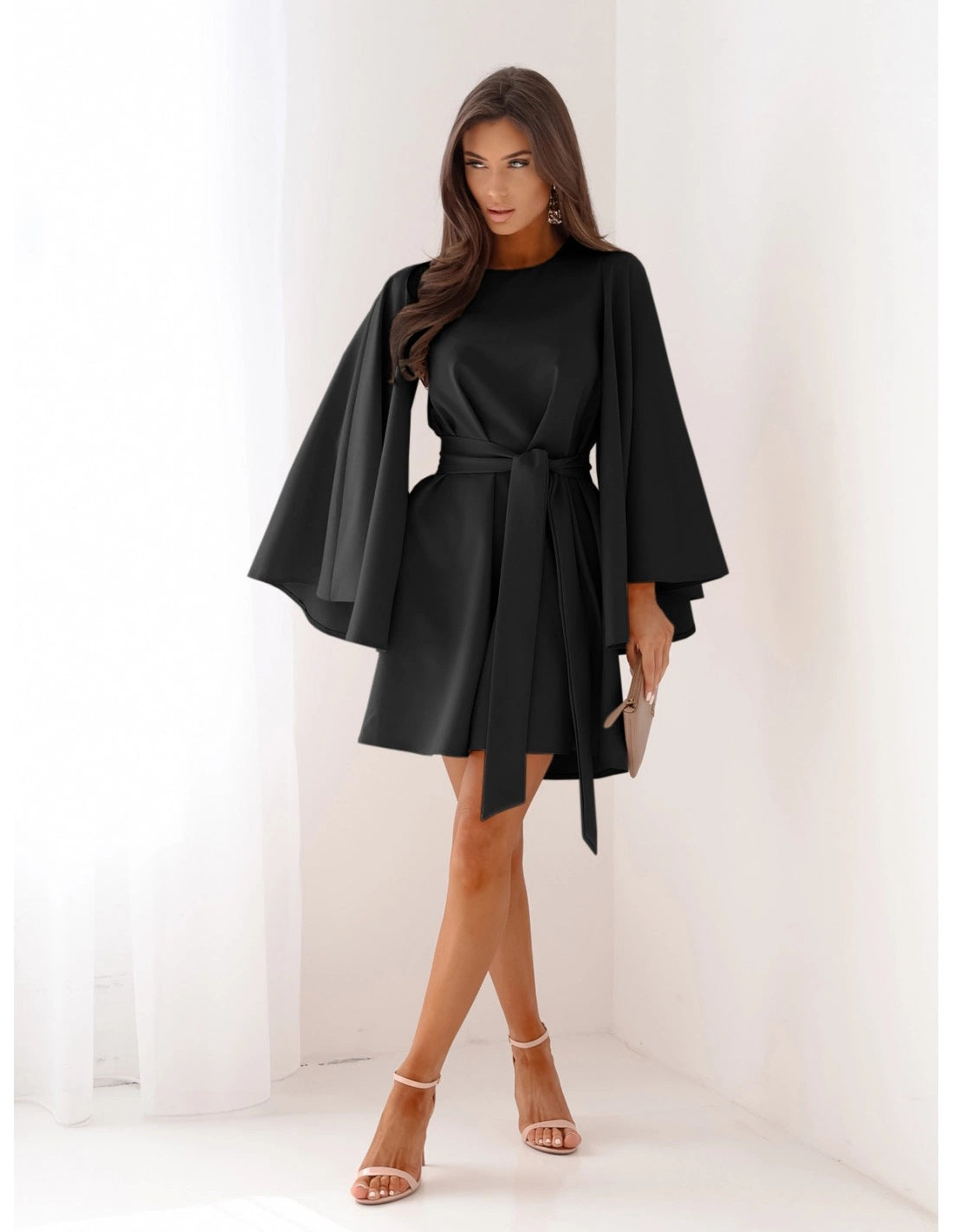 Autumn Mini Dress - Flared Sleeve Lace-Up Round Neck