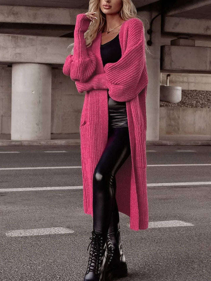 Hot Pink Lantern Sleeve Cardigan - Pocketed Open Front
