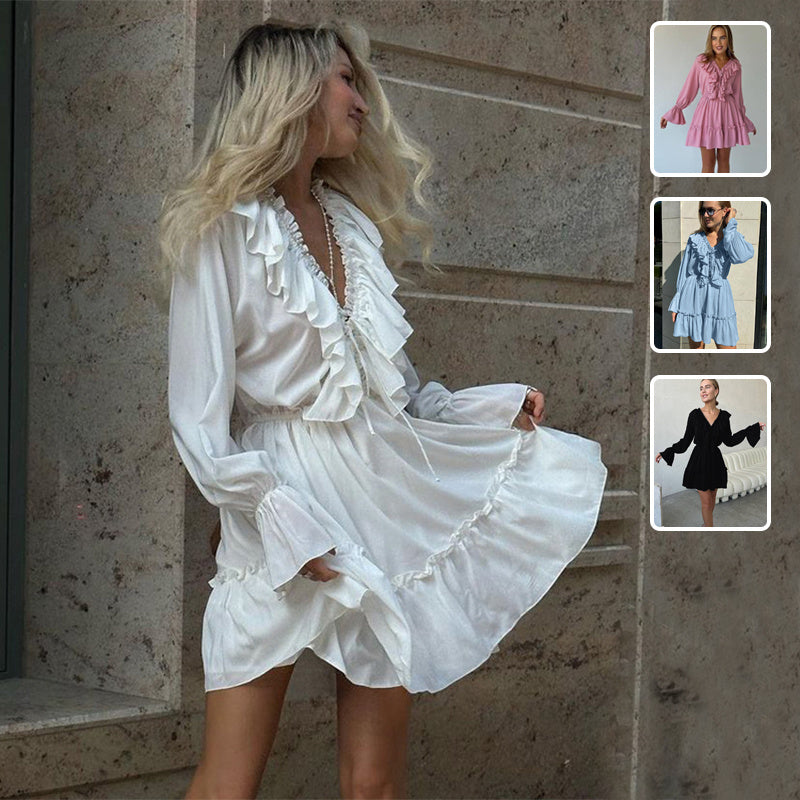 V-Neck Pleated Ruffle Long Sleeve Y2K Mini Dress