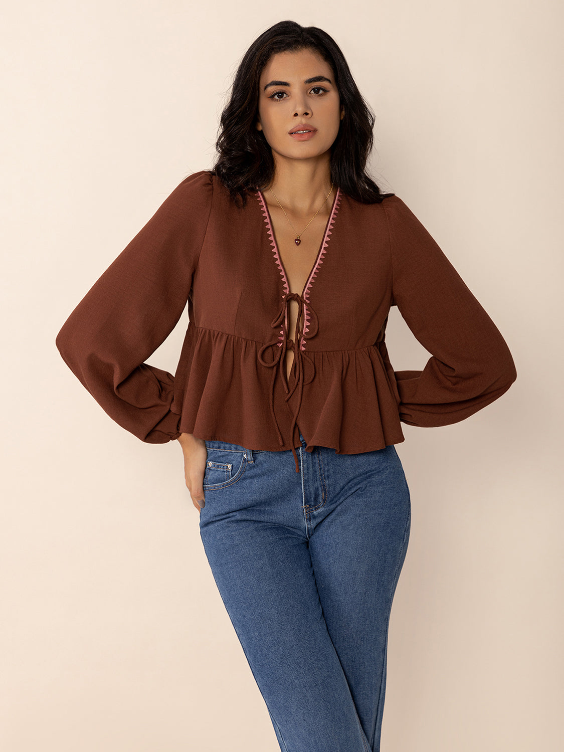 Brown Peplum Tied V-Neck Long Sleeve Blouse
