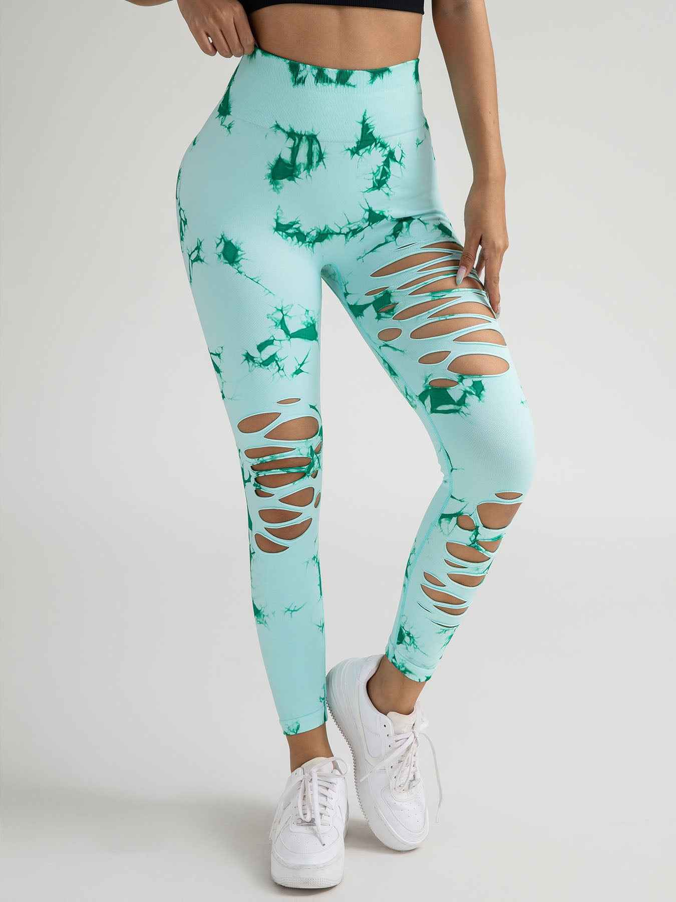 High-Waisted Yoga Leggings - Hollow-Out Tie-Dye Design