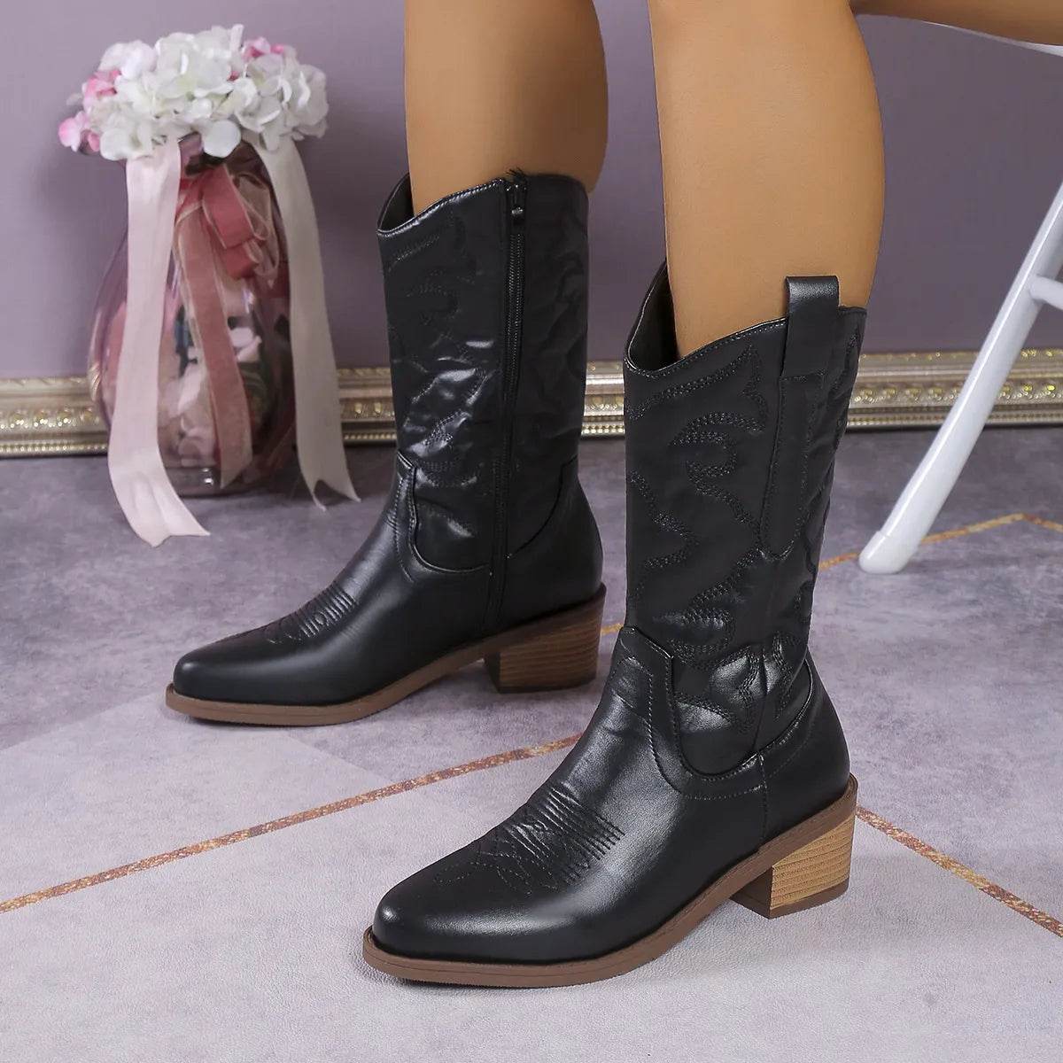 Point Toe Block Heels Boots - Fashions Envy