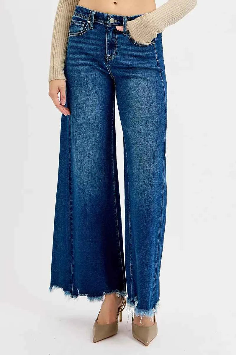 RISEN Wide Leg Jeans - Ankle Length Dark Wash Denim