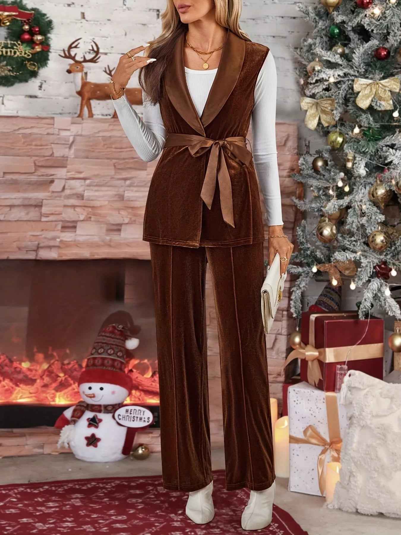 Velvet Two-Piece Set - Tie Waist Vest & Wide Leg Pants - Fashions Envy