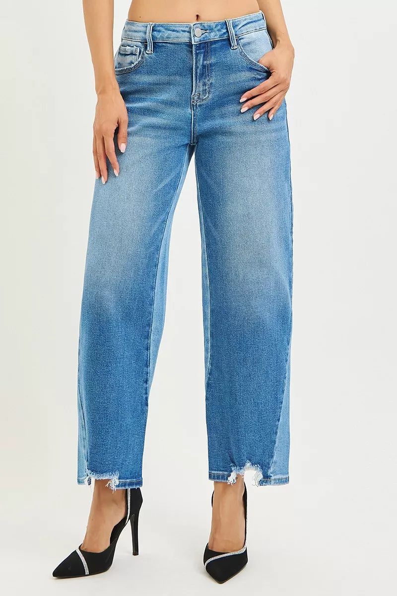 RISEN Slouchy Cropped Barrel Jeans - Contrast Wash - Fashions Envy