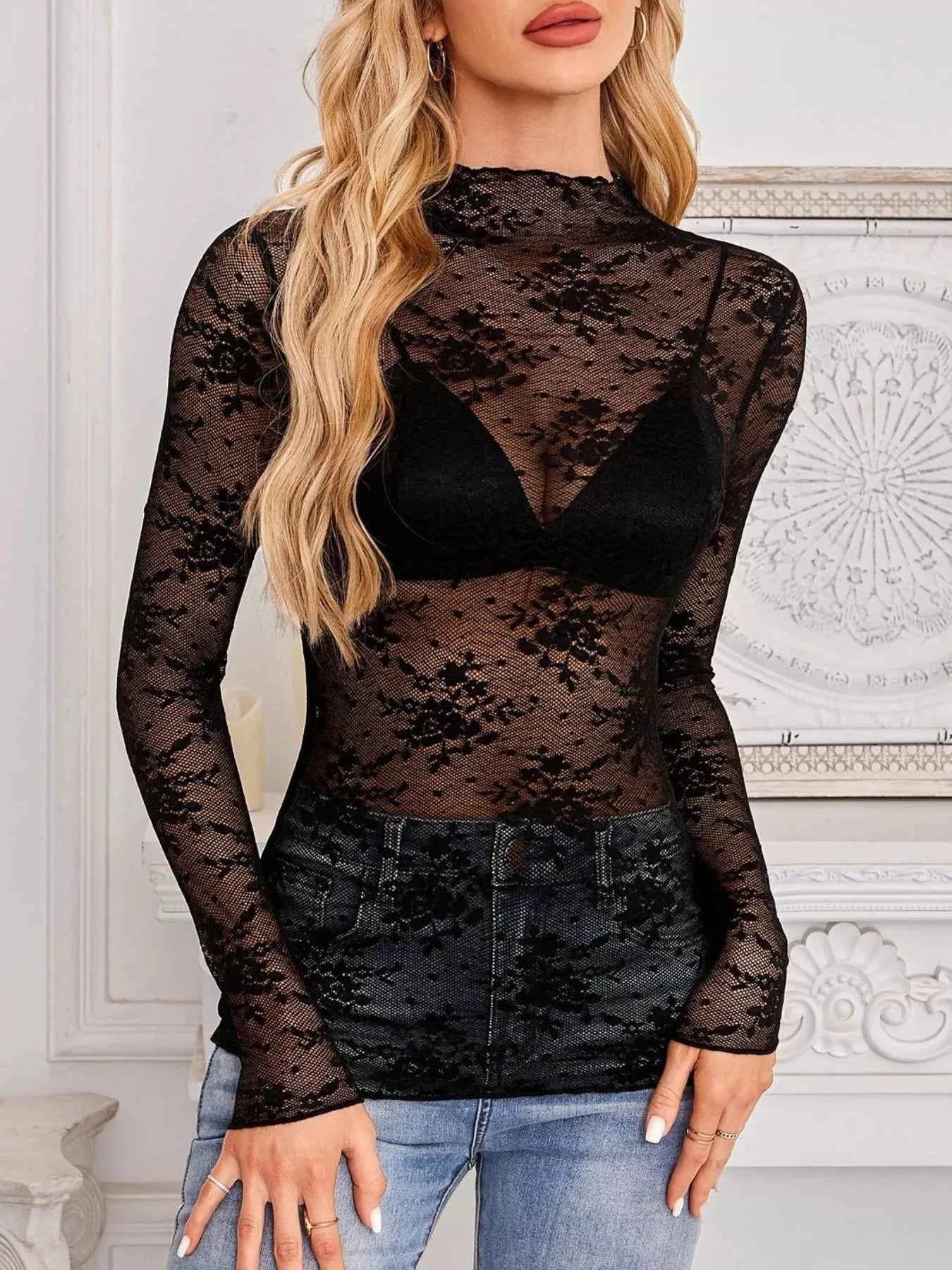 Sheer Lace Blouse - Long Sleeve Mock Neck Top - Fashions Envy