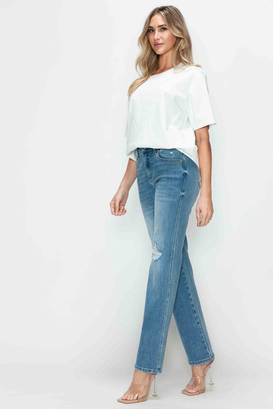 Full Size Medium Blue Distressed High Rise Straight Jeans