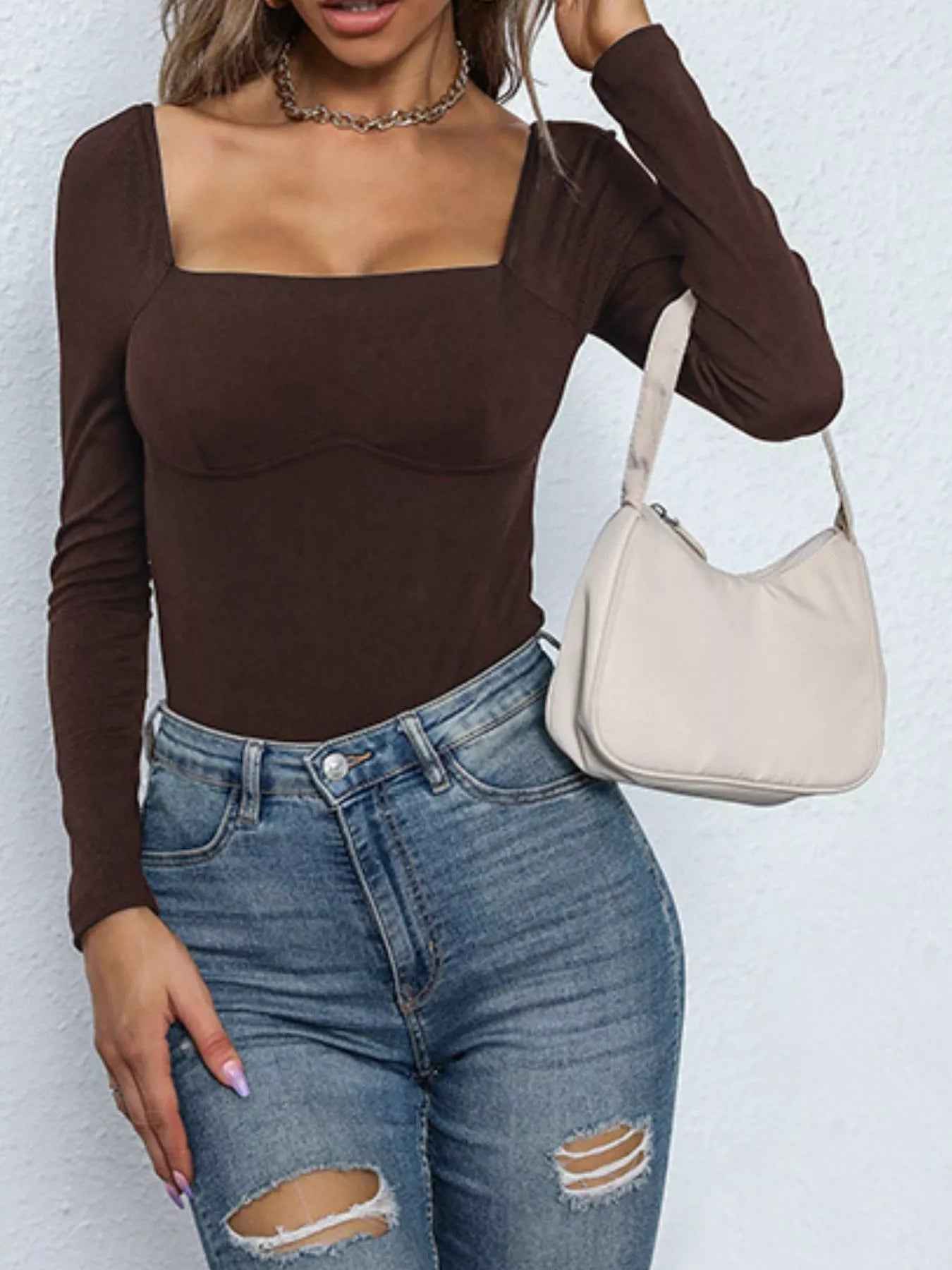 Square Neck Long Sleeve Bodysuit - Fashions Envy