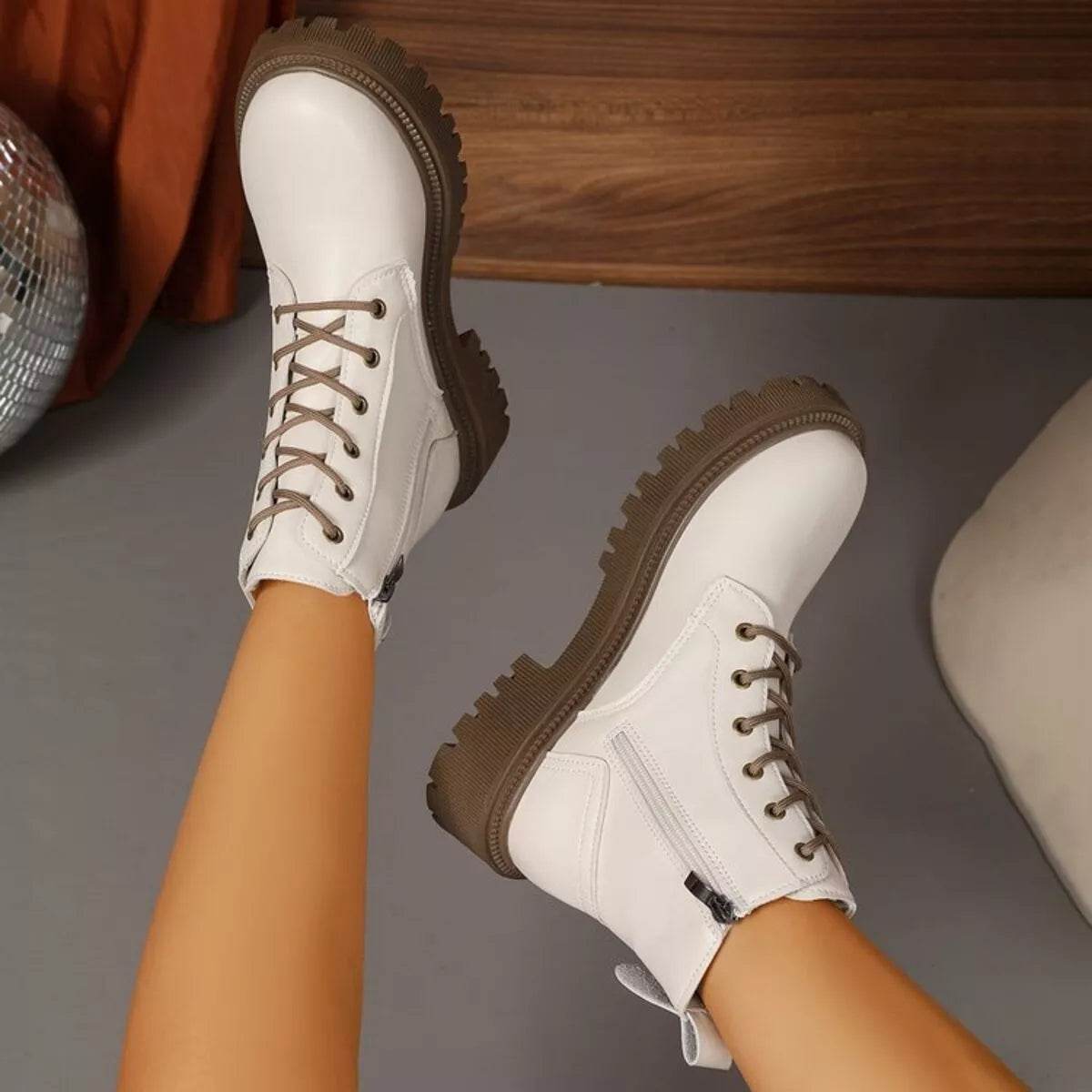 Lace Up Round Toe Boots - Mid Heel Ankle Boots - Fashions Envy