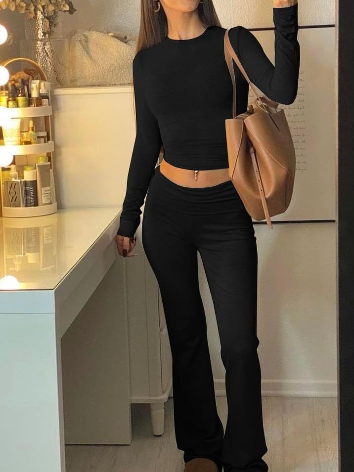 Sports Two Piece Set - High Waisted Flared Pants Streetwear