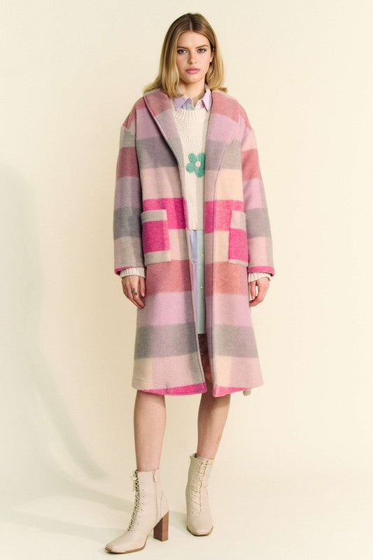 Hot Pink Multicolor Tied Color Block Collared Neck Coat