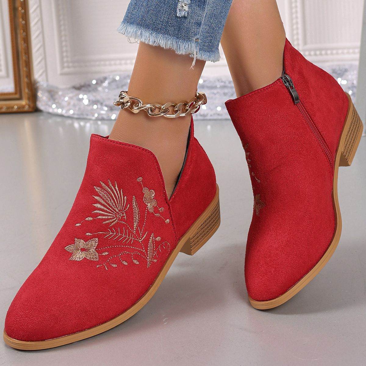 Embroidered Suede Point Toe Block Heel Boots - Fashions Envy