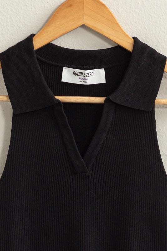Sleeveless Collared Cropped Hem Knit Fitted Sleeveless Top