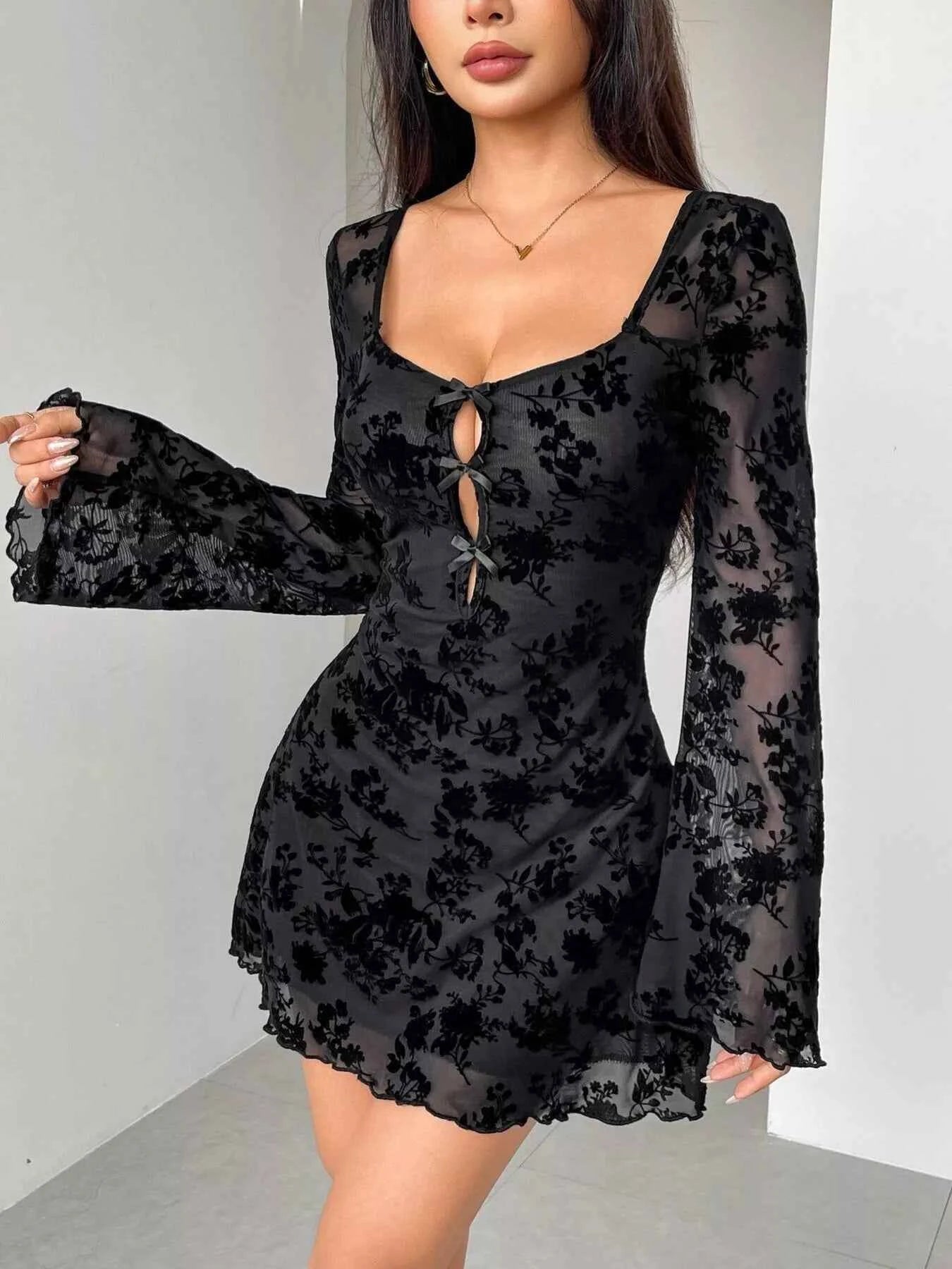 Lace Flare Sleeve Mini Dress