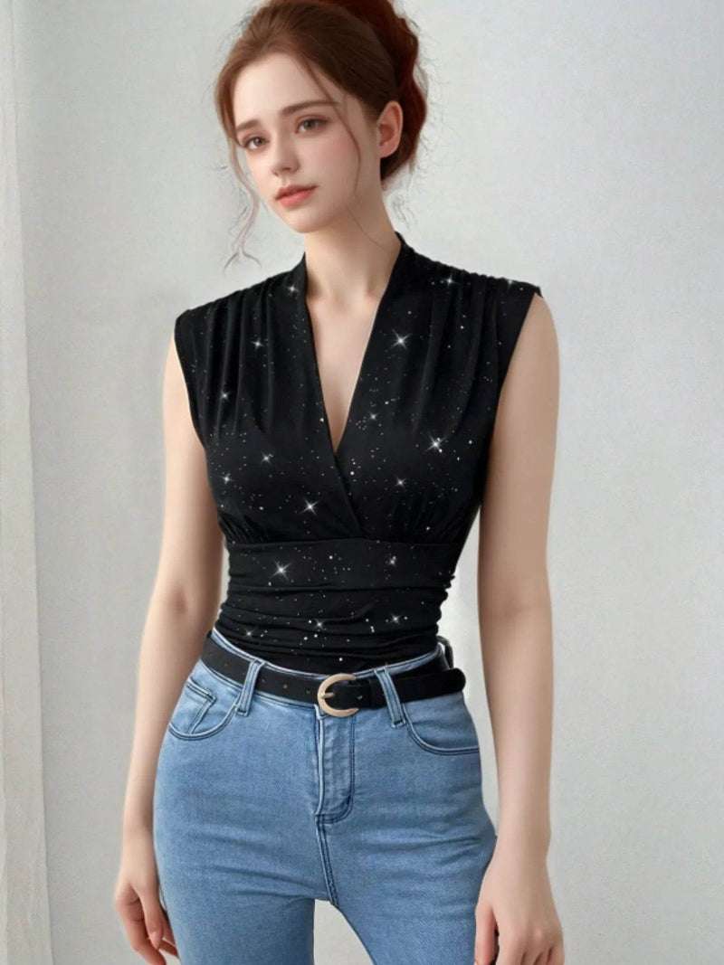 Surplice Sleeveless Slim Blouse - Elegant Wrap Style Top - Fashions Envy