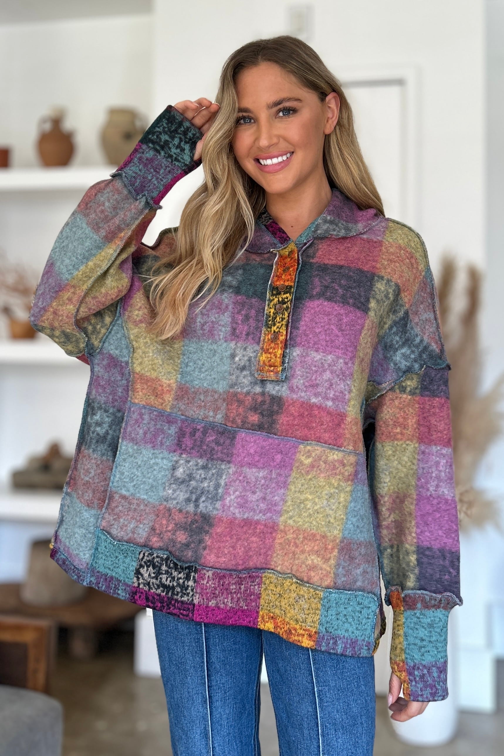 Double Take Full Size Plaid Dropped Shoulder Hoodie - Fashions Envy