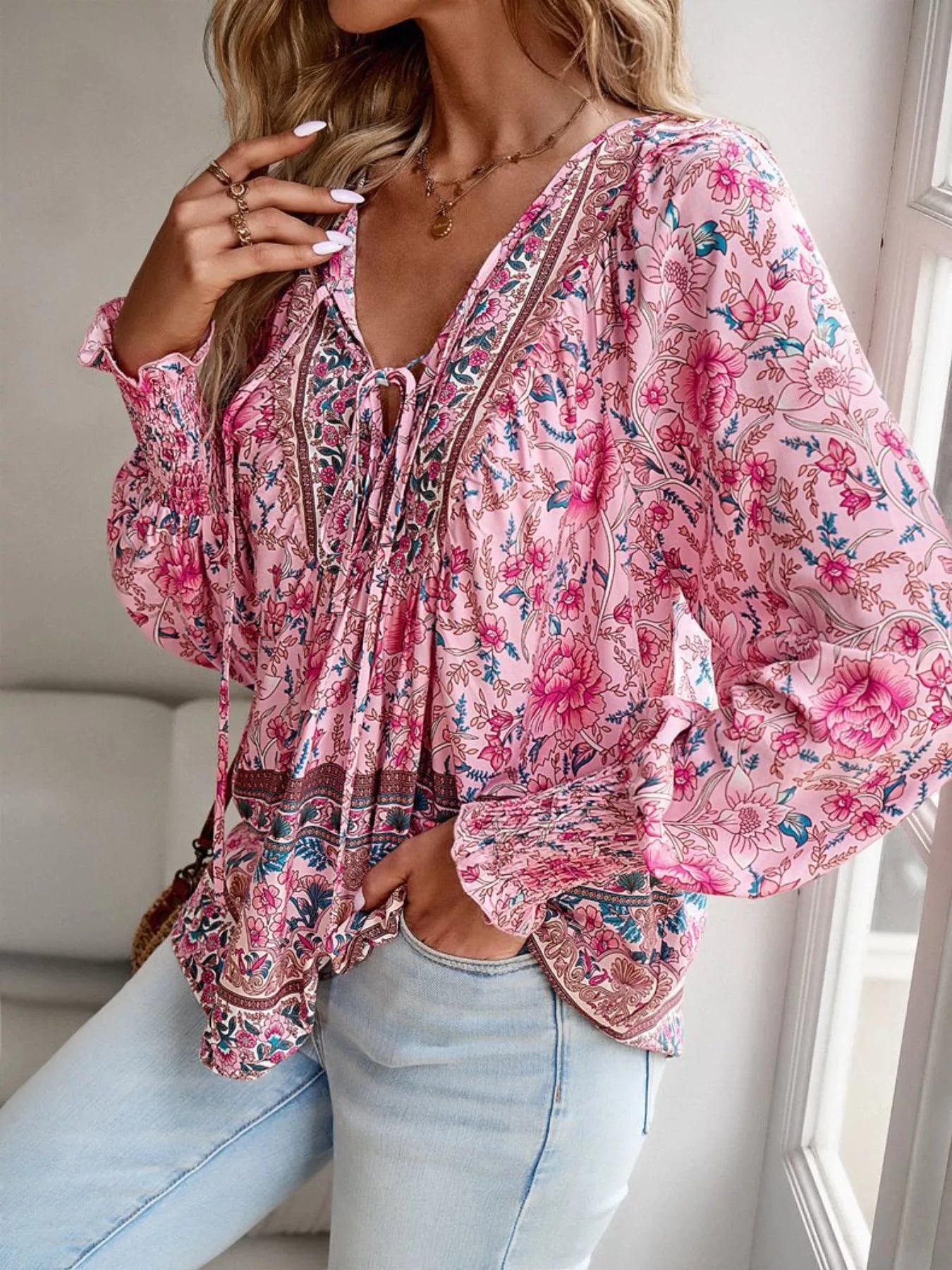 Bohemian Blouse - Floral Print Tie Neck - Fashions Envy