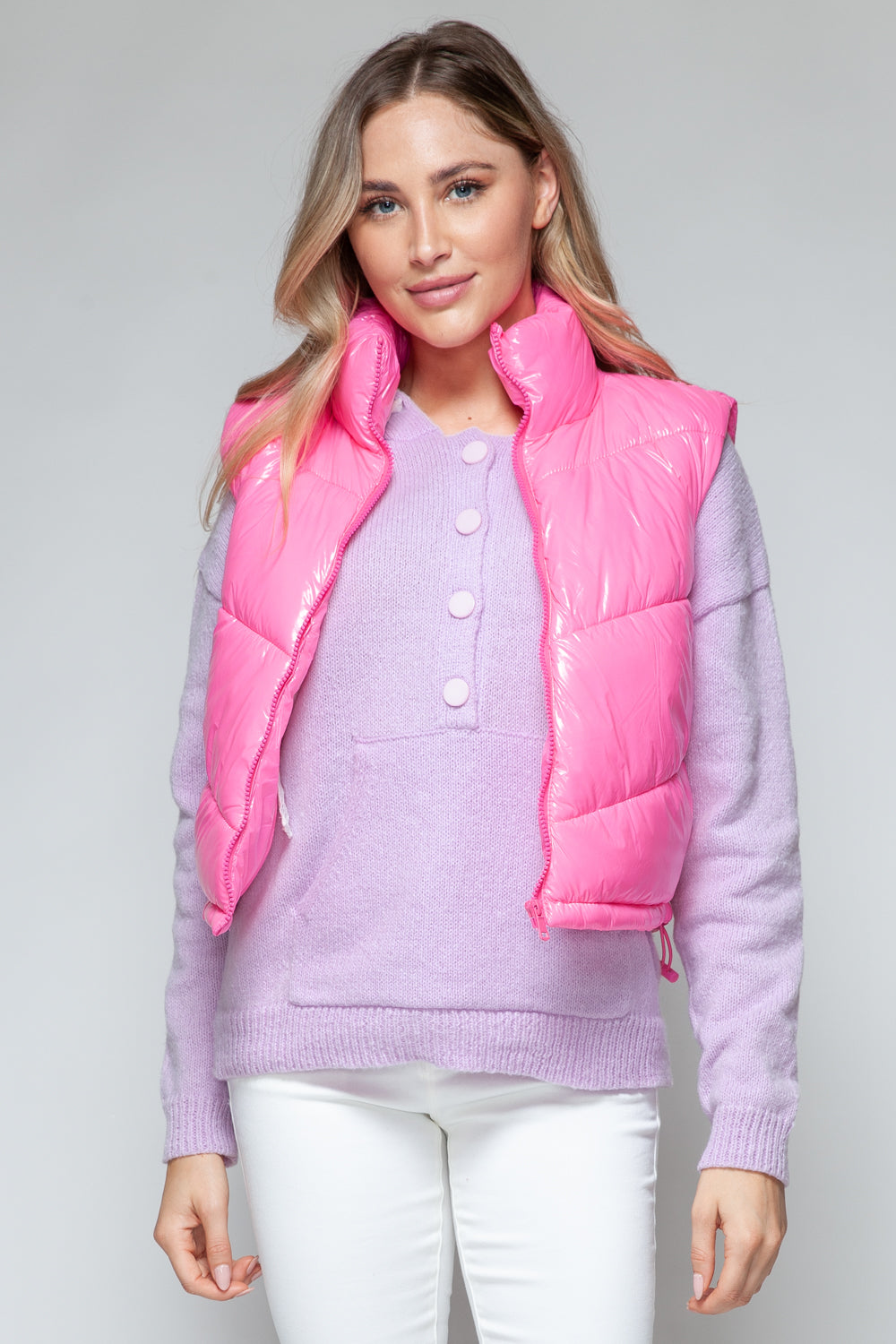 Snobbish Zip Up Turtleneck Shiny Quilted Vest - Fashions Envy