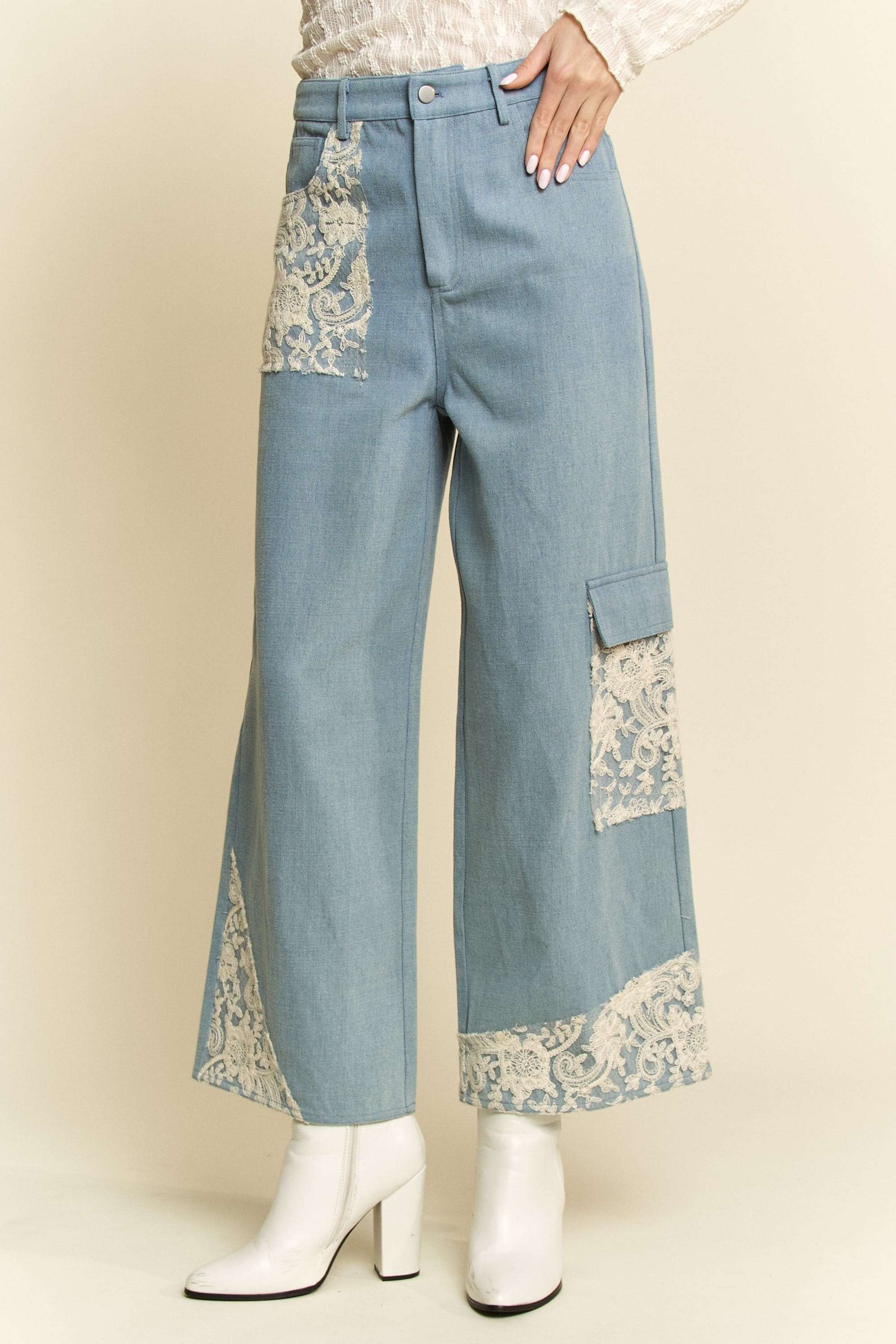 Light Denim Lace Applique Wide Leg Jeans