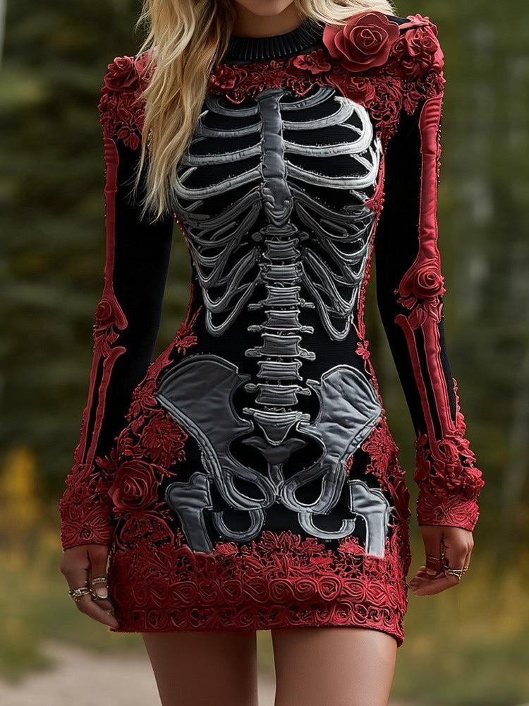 Skeleton Mini Dress - 3D Floral Halloween Costume