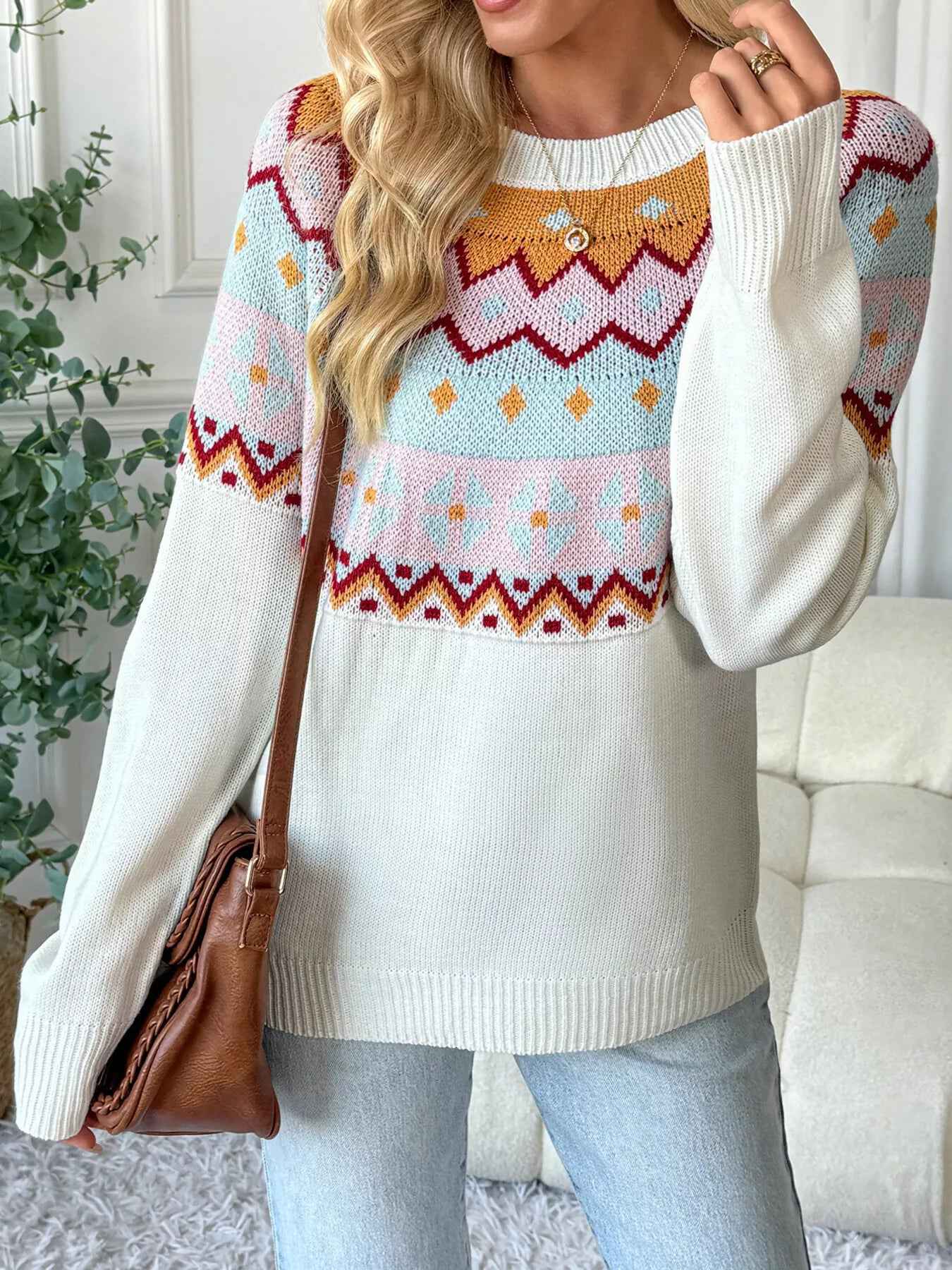 White Fair Isle Sweater - Colorful Pattern Design - Fashions Envy