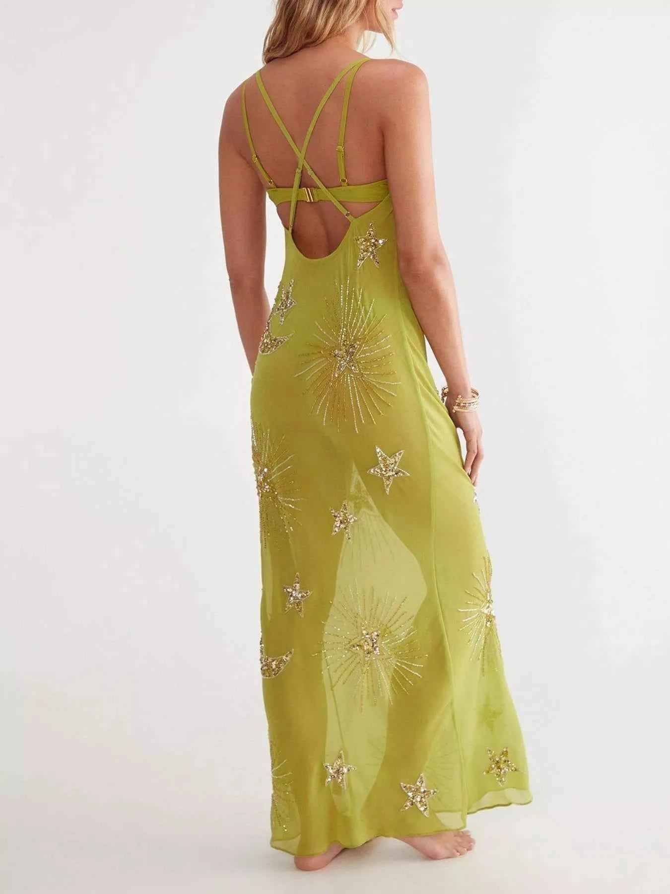 Sequin Maxi Cover Up Dress - Backless Sheer Resort Glam