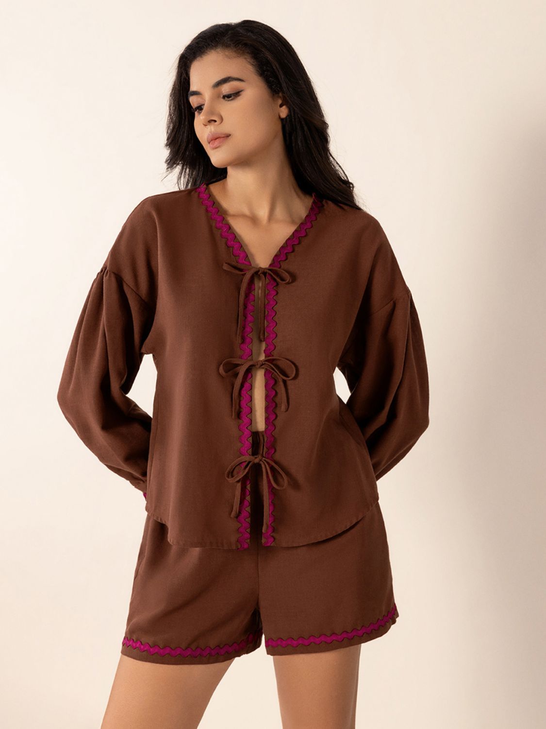 Brown Tied V-Neck Long Sleeve Top and Shorts Set