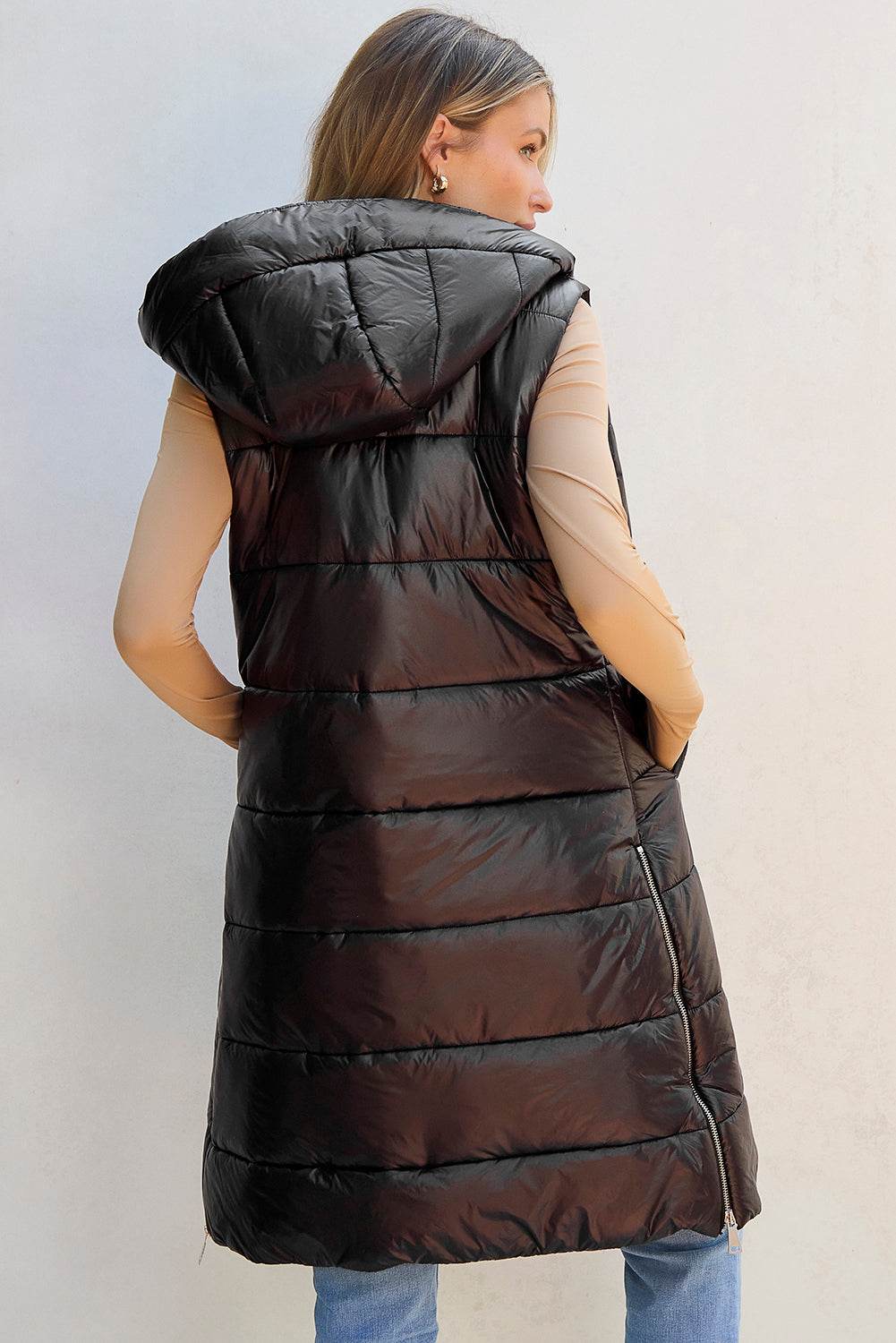 Longline Hooded Sleeveless Puffer Vest - Fashions Envy