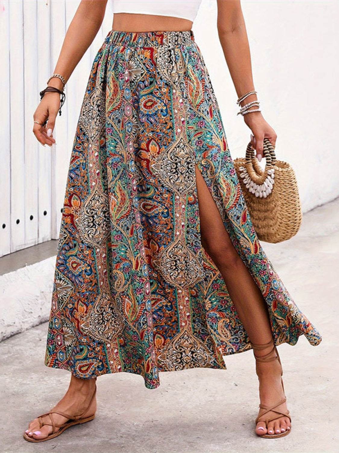 Slit Printed Elastic Waist Skirt - Fashions Envy