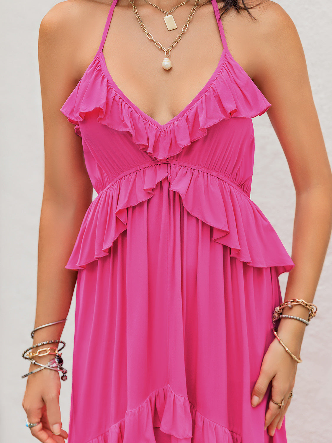 Hot Pink Ruffled Halter Neck Maxi Dress