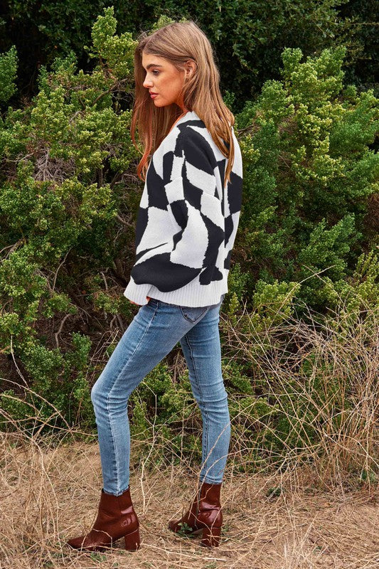 Oversized Multi Geo Checker Pullover Knit Sweater